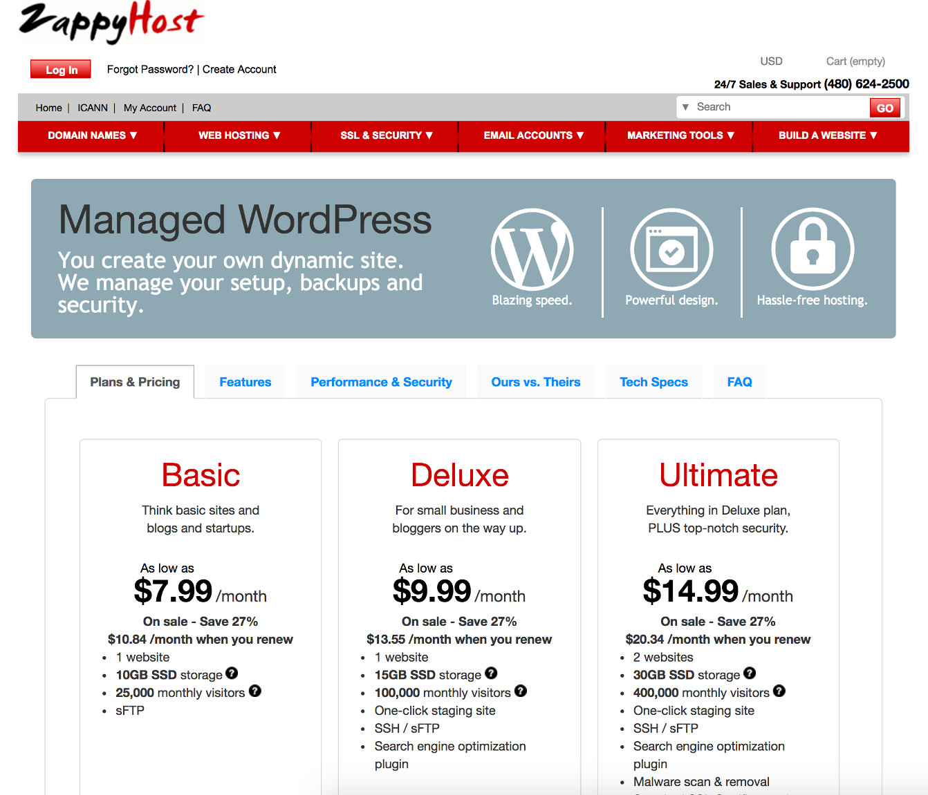 Screenshot of the ZappyHost WordPress hosting page