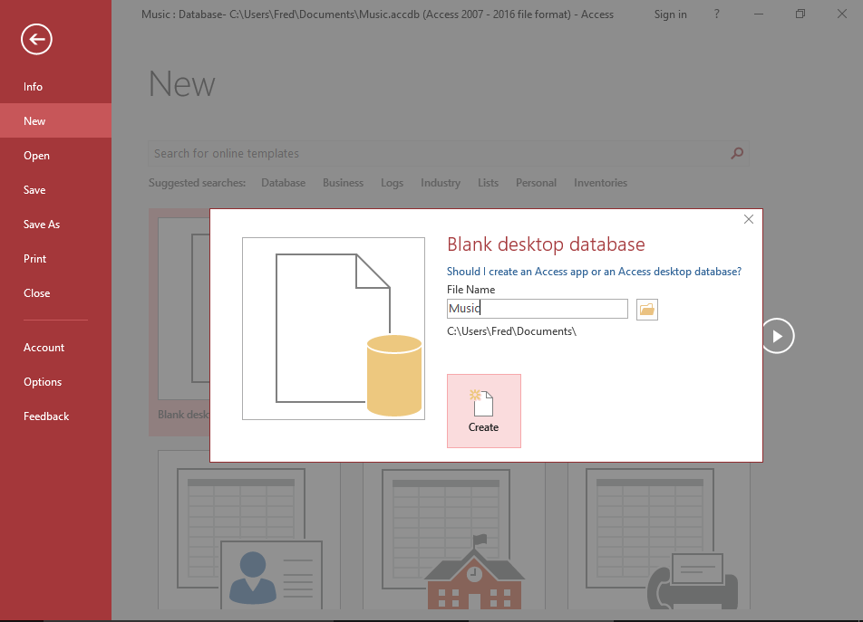 Screenshot of creating a database in Microsoft Access.