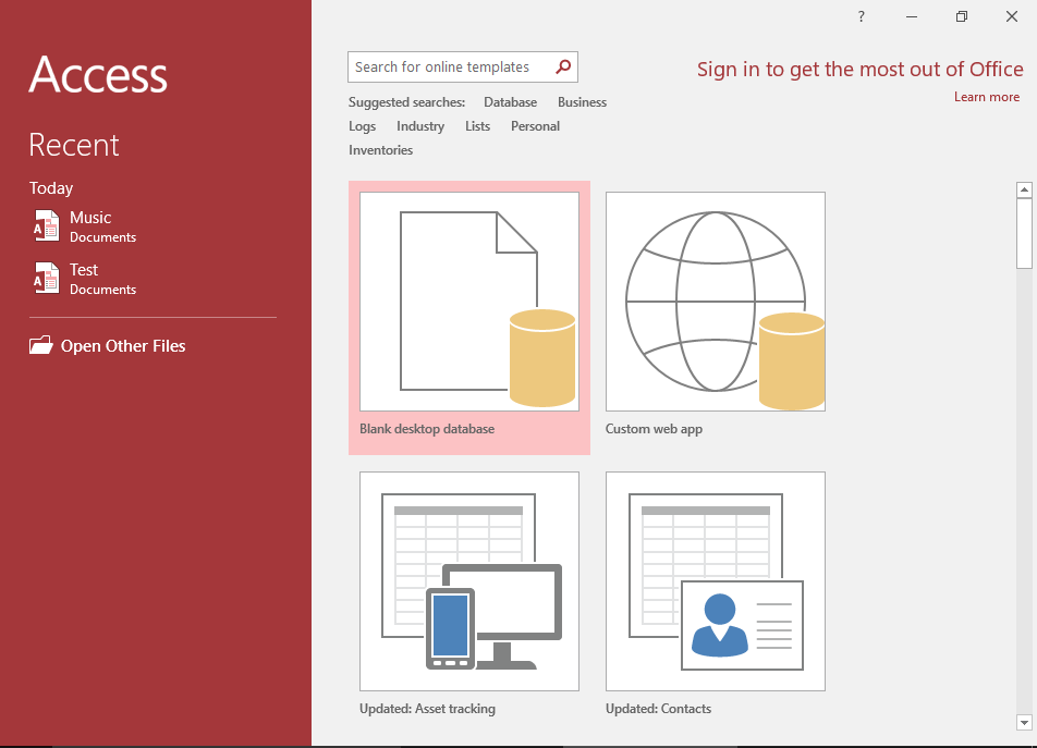 Screenshot of the Microsoft Access 2016 Welcome Screen