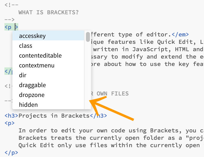 Screenshot of Brackets Code Assist