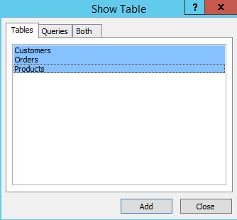 Screenshot of the Show Table dialog