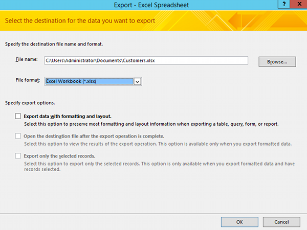 MS Access 2013: Convert Access to Excel spreadsheet - Step 2