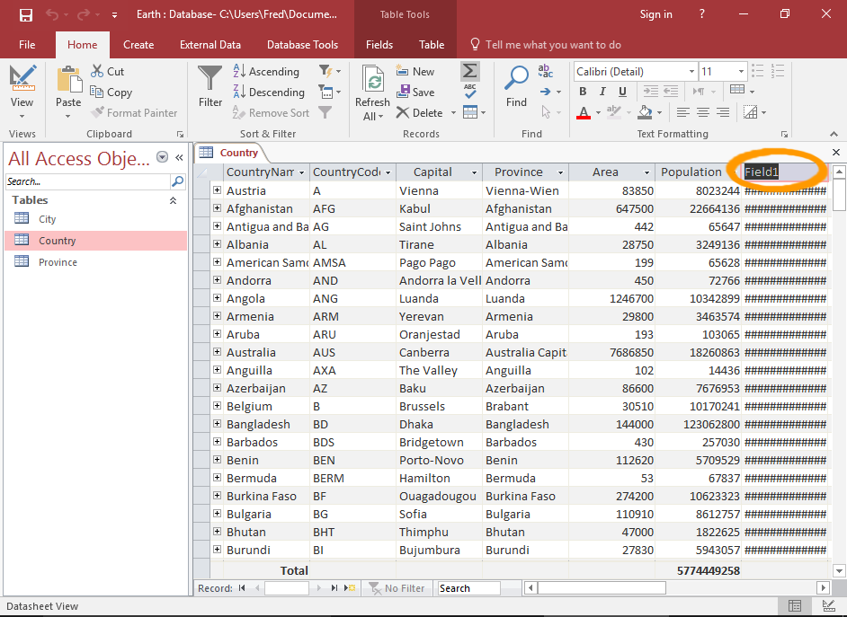 Screenshot of the calculated field with the column header highlighted