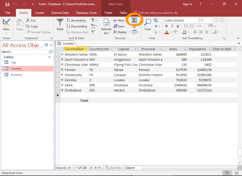 Screenshot of a MS Access 2016 table