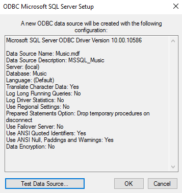 Screenshot of ODBC data source summary
