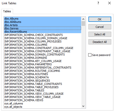 Screenshot of selecting tables and views