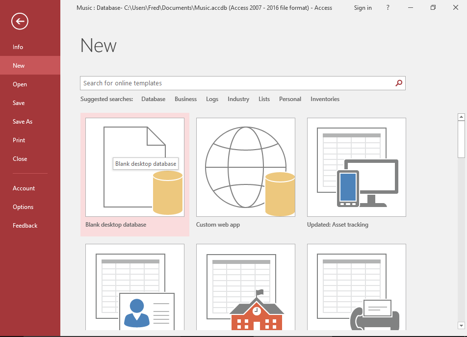 Screenshot of the File > New menu of MS Access 2016