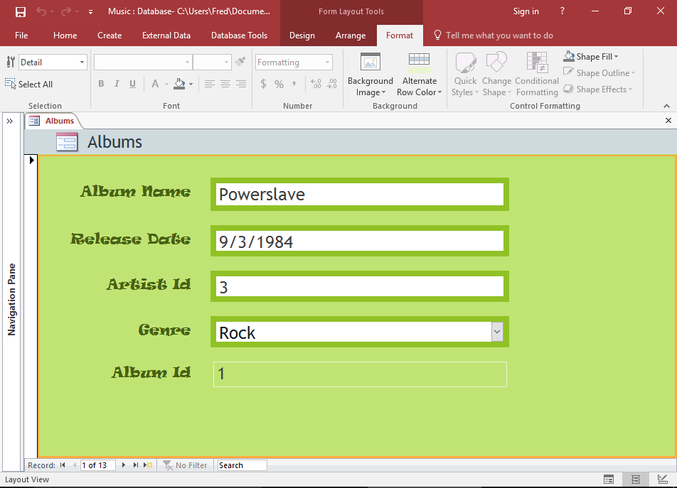 Screenshot of the Form in Layout View.