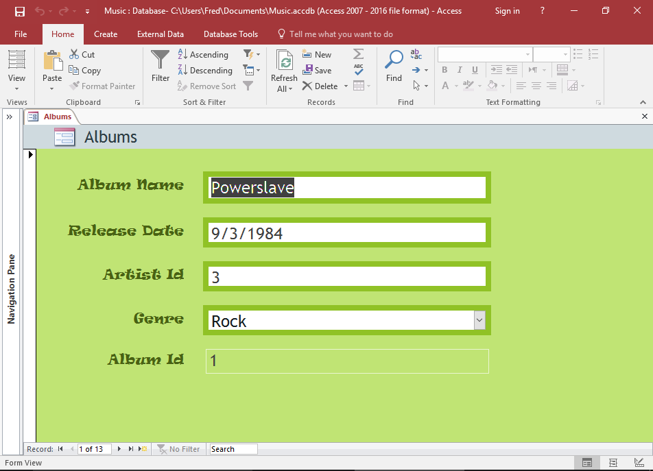 Screenshot of the Form in Layout View.