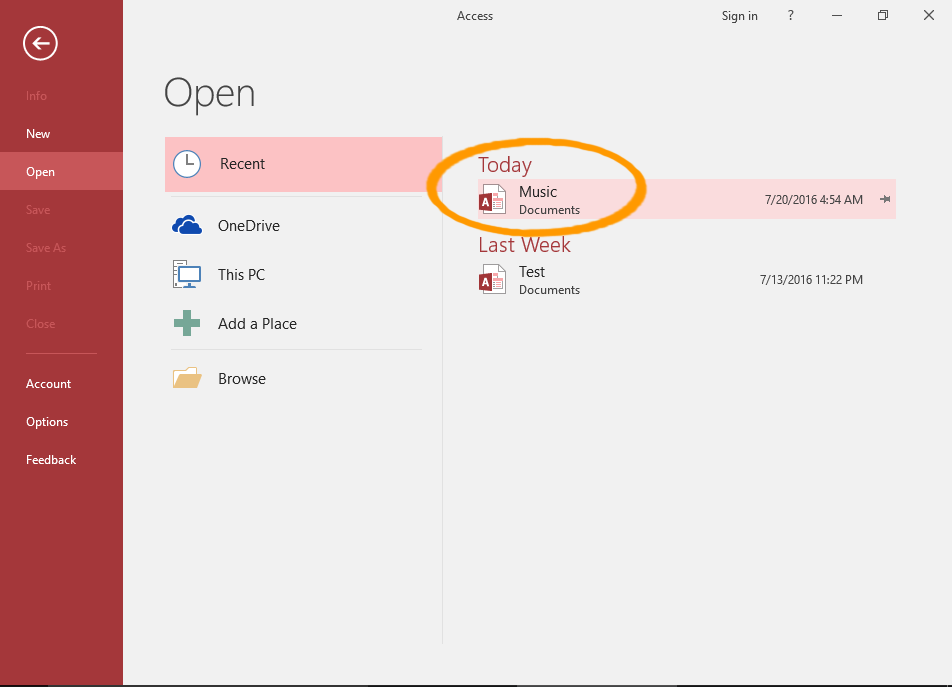 Screenshot of the Access File menu.