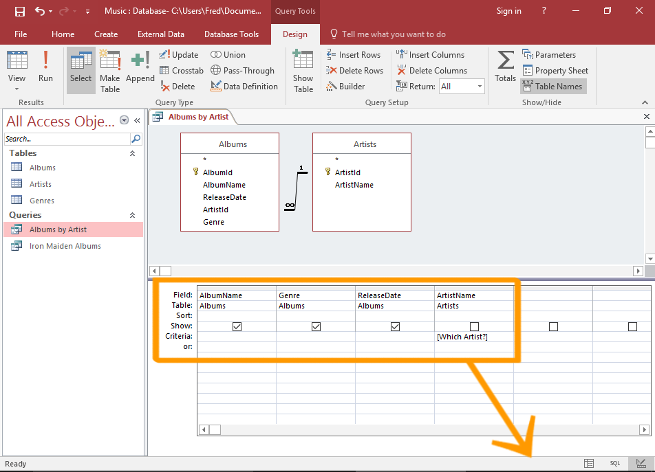 Screenshot of the Query in Design View
