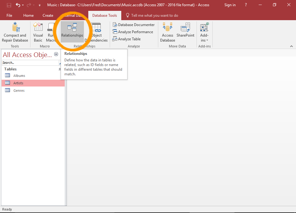 Screenshot of Microsoft Access with the Relationships button highlighted