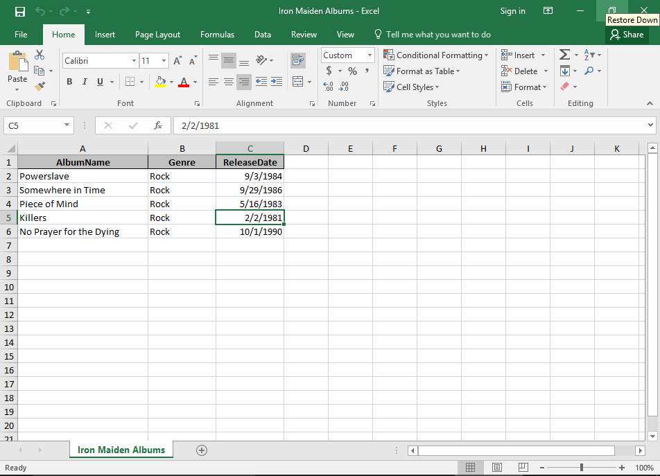 Screenshot of the exported file in Excel.