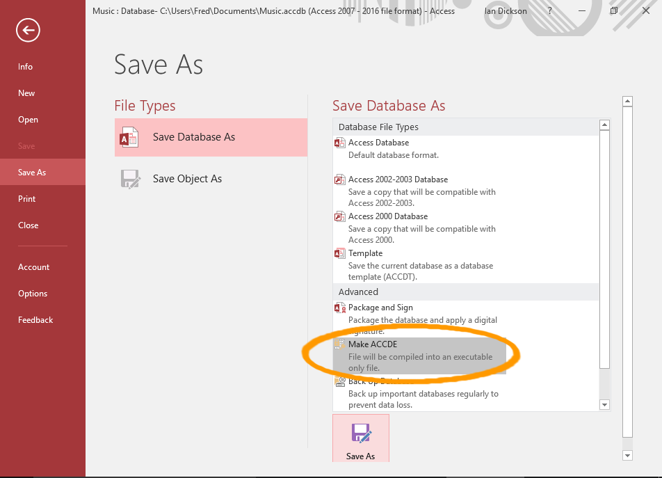 Screenshot of the Access File menu.