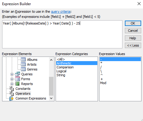 Screenshot of the Expression Builder