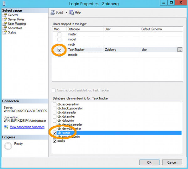 Creating a new login in SQL Server - User Mapping tab