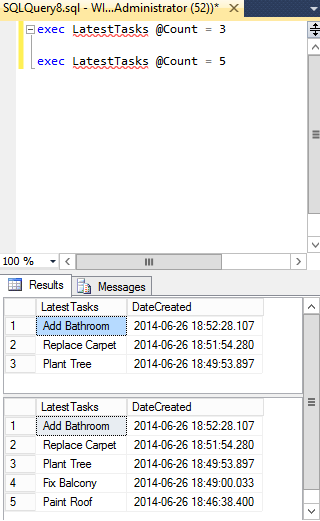 Screenshot of stored procedure being executed