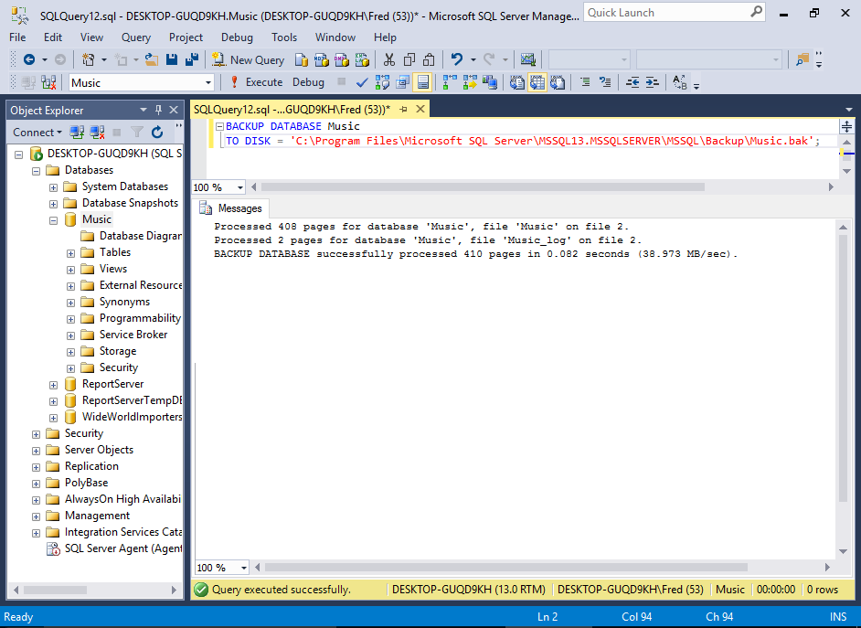 Screenshot of backing up a database using SQL.