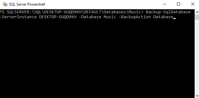 Screenshot of backing up a database using PowerShell.