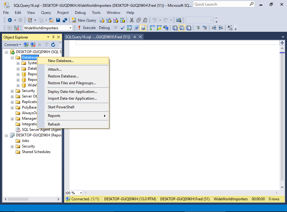Screenshot of creating a database in SSMS.