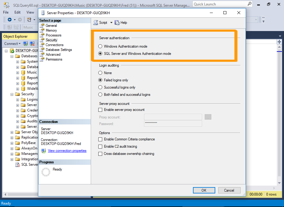 Screenshot of adding SQL Server Authentication mode to the server.