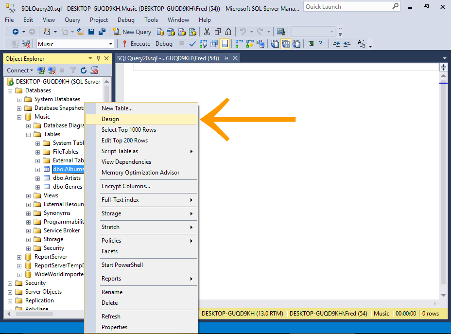 Screenshot of selecting table Design from the SSMS GUI.