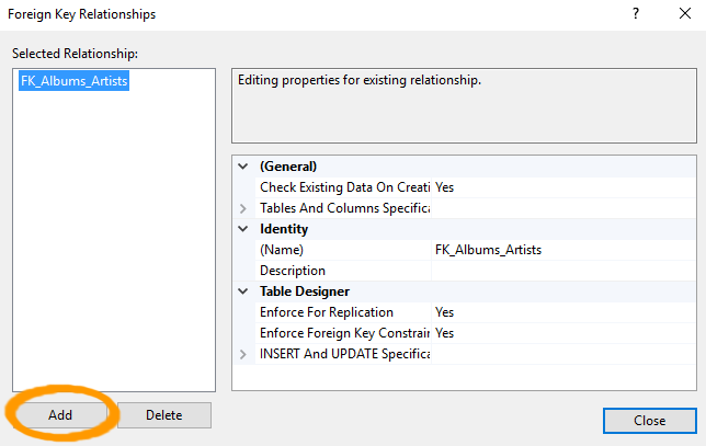 Screenshot of the Foreign Key Relationships dialog.