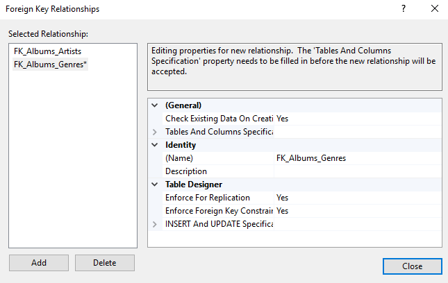 Screenshot of the Foreign Key Relationships dialog box.