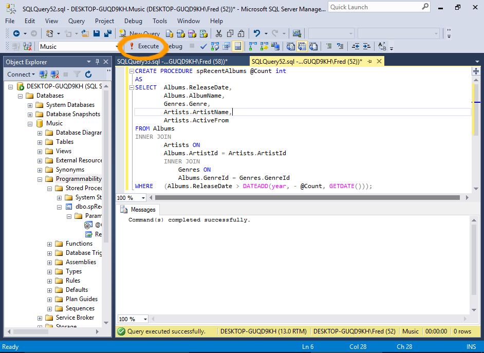 Screenshot of creating a stored procedure in SQL Server.