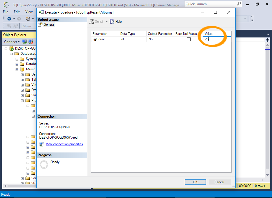 Screenshot of executing a stored procedure via the GUI.