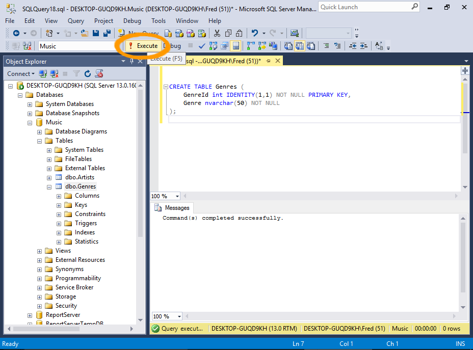 Screenshot of creating a table via SQL script.