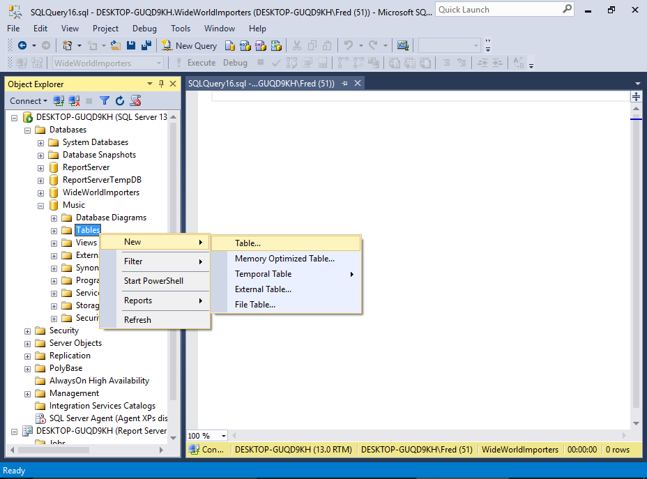 Screenshot of creating a table in SSMS.