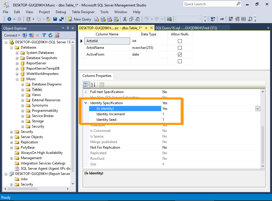 Screenshot of creating a table in SSMS.