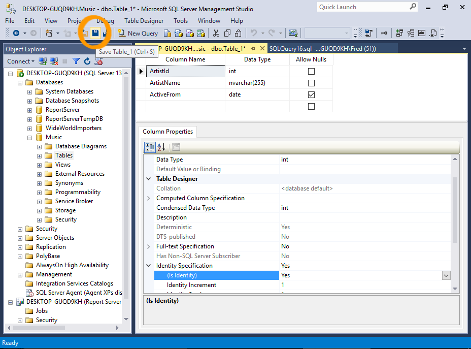 Screenshot of saving a table in SSMS.