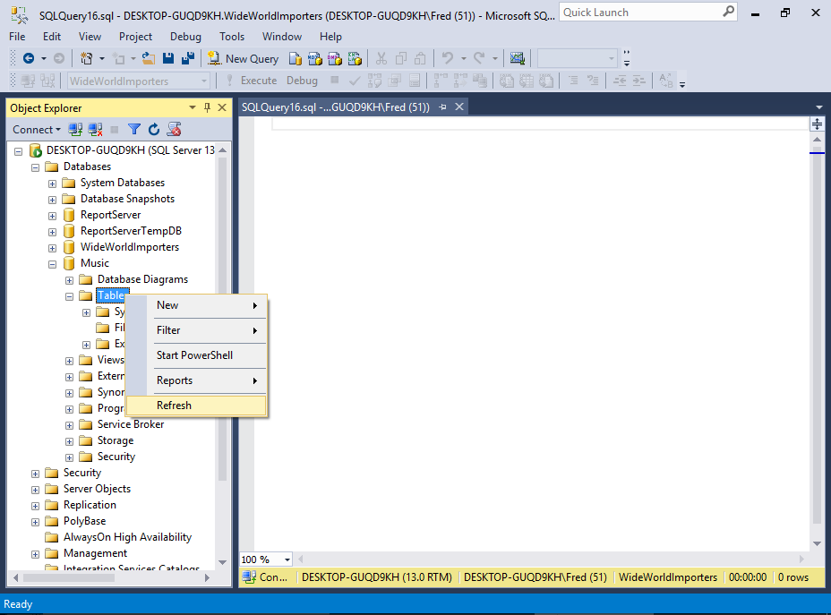 Screenshot of refreshing the Tables node in SSMS.