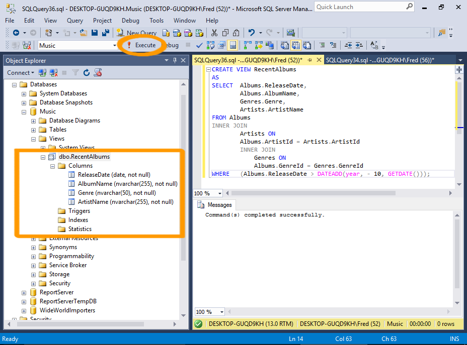 Screenshot of creating a view in SQL Server.