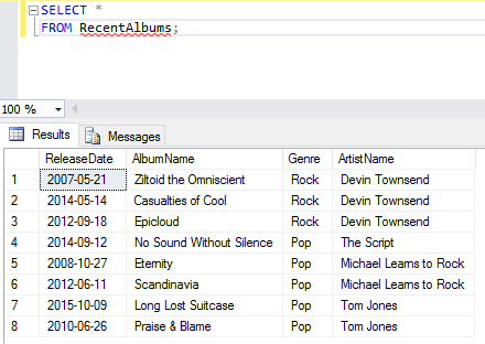 Screenshot of creating a view in SQL Server.