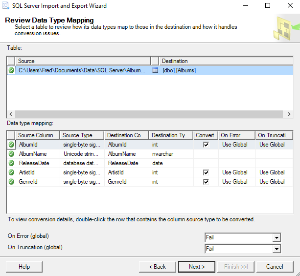 Screenshot of importing data into a table via the SSMS GUI.