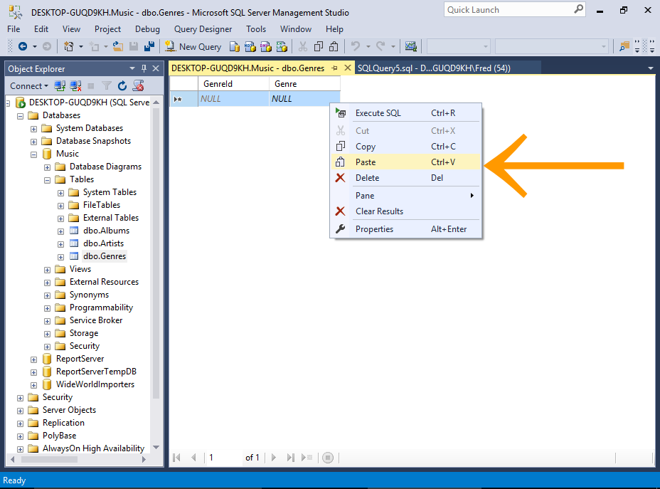 Screenshot of copy/pasting data into a table via the SSMS GUI.