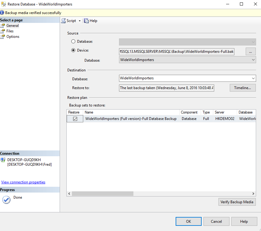 Screenshot of restoring up a database in SQL Server 2016.
