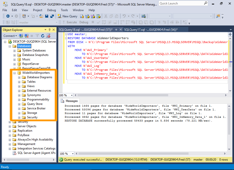 Screenshot of restoring up a database using SQL.