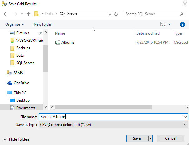 Screenshot of saving a query to a CSV file.