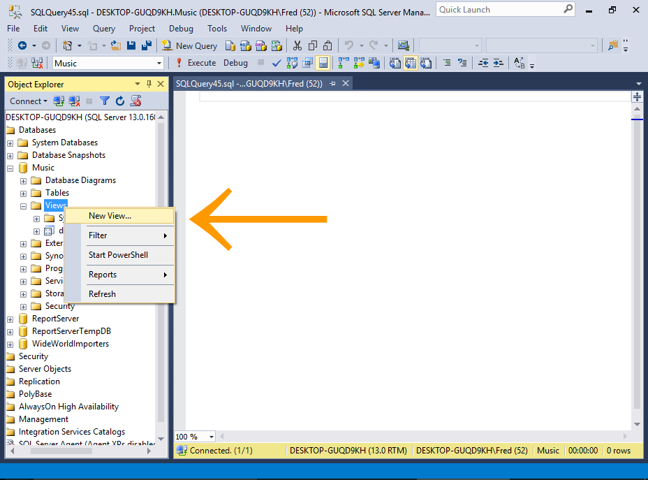 Screenshot of accessing the View Designer in SQL Server.