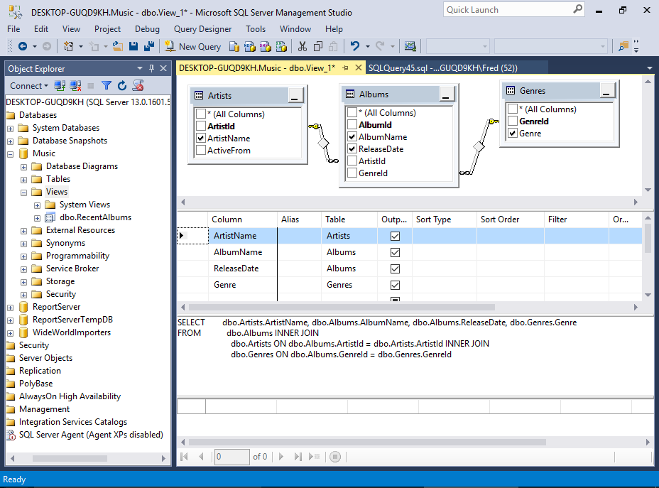Screenshot of the View Designer in SQL Server.