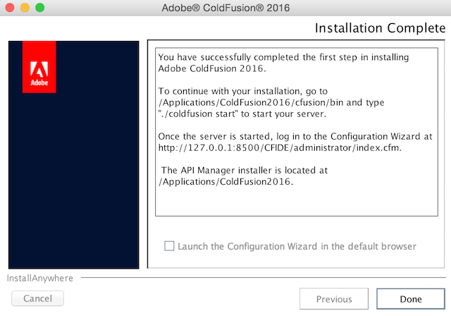 ColdFusion 2016 Installation Complete screen