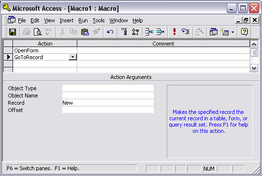 MS Access 2003: Create a macro - step 2