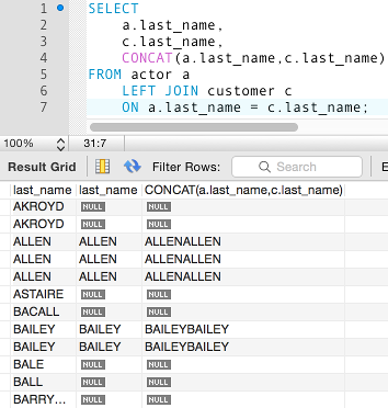 Screenshot of a concatenation with a NULL parameter