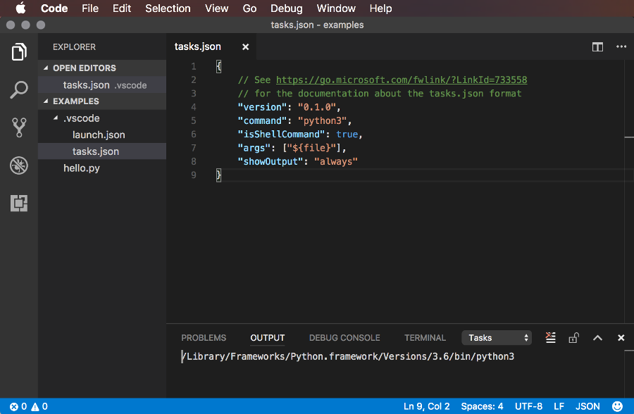 Screenshot of configuring the tasks.json file in Visual Studio Code
