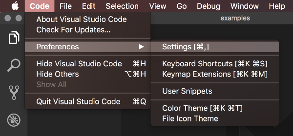 Screenshot of the settings menu in Visual Studio Code