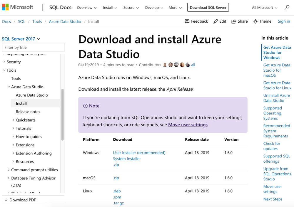 Screenshot of the Microsoft download page for Azure Data Studio
